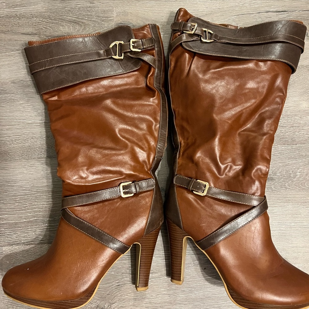 Wide calf tan knee boots